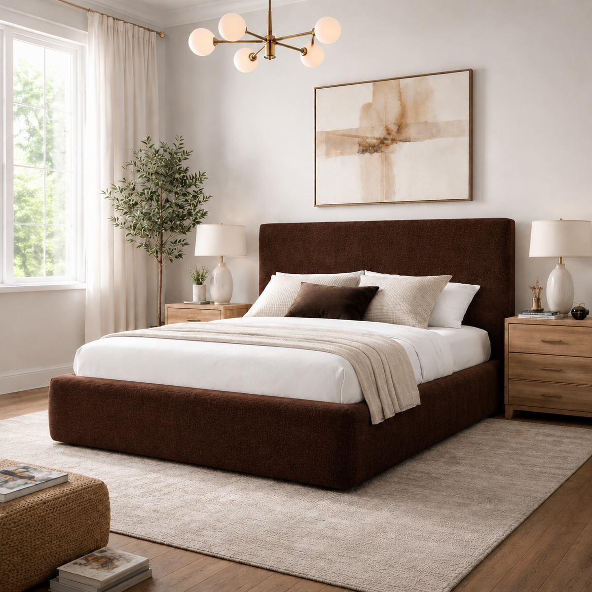 Mayfair Luxury Bed in Chenille Chocolate – three-quarter view