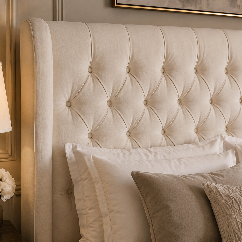 The Hilton Bed in Soft Matte Cream – wingback headboard close-up